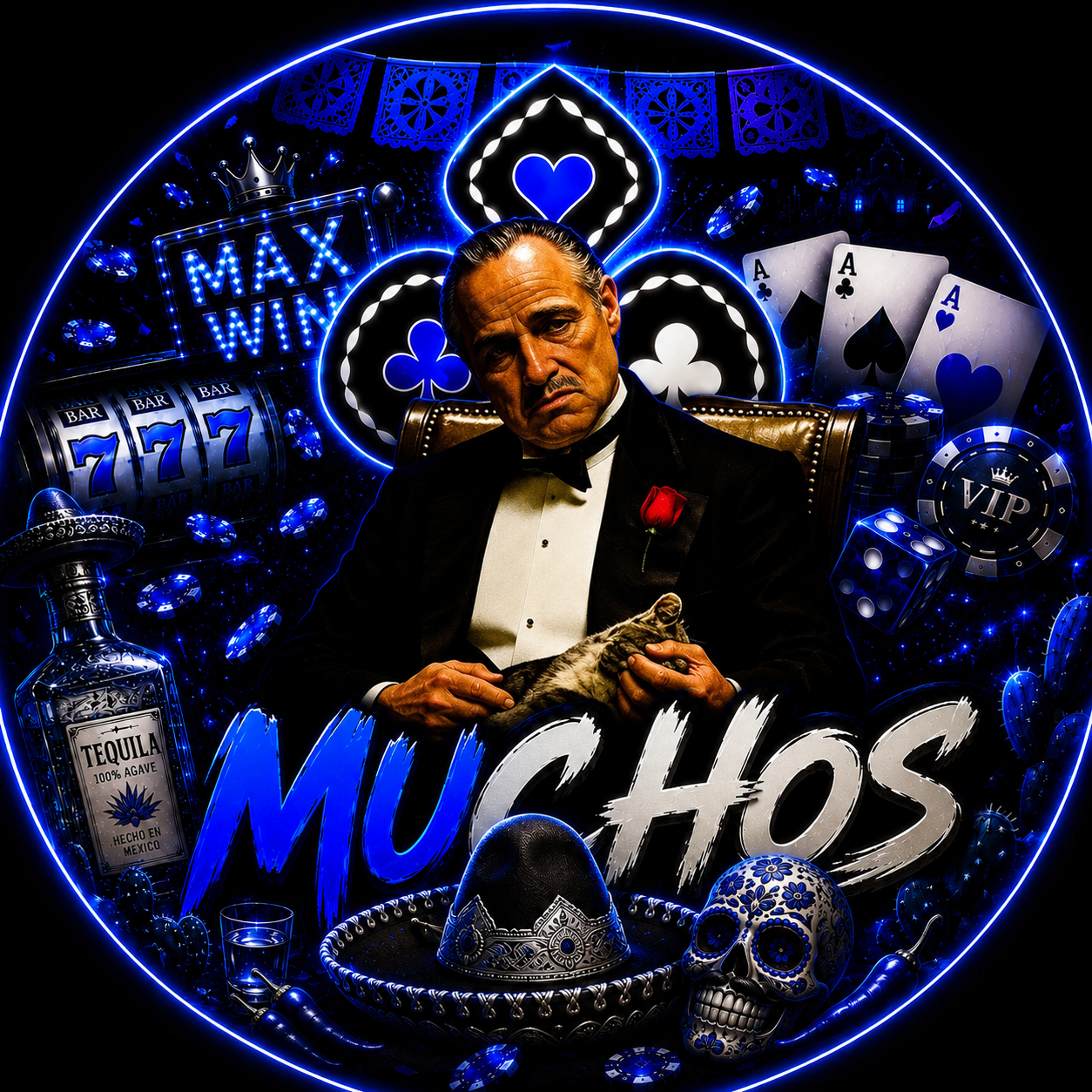 MuchosBonus Motiv im blauen Casino-Stil